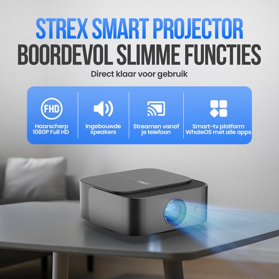 Strex Smart Beamer WiFi – Mini-Beamer mit Apps (WhaleOS) – 1080p-Full-HD-Projektor – 4K-Unterstützung – Bluetooth und integrierte Lautsprecher – inklusive Tragetasche und Projektionsleinwand