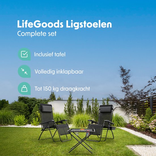 LifeGoods Liegestühle - klappbar - Komplettset - mit Beistelltisch - 30°-90° verstellbar - Gartenstühle - Metall - Schwarz