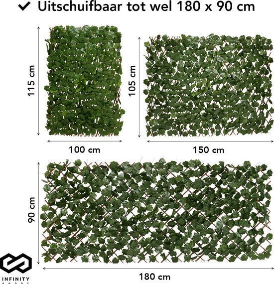 Infinity Goods Künstliche Hecke - Ausziehbar - 180 x 90 cm - Künstlicher Efeu - Künstliche Pflanzen für draußen und drinnen - Pflanzenimitat - Künstlicher Efeu - Ausziehbar - Gartenschirm - Balkonsichtschutz