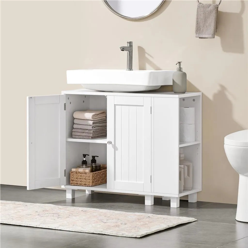 Yaheetech Waschbeckenunterschrank 75 x 30 x 62 cm – Weiß – Mit 4 Fächern, offenen Regalböden und Handtuchhalter
