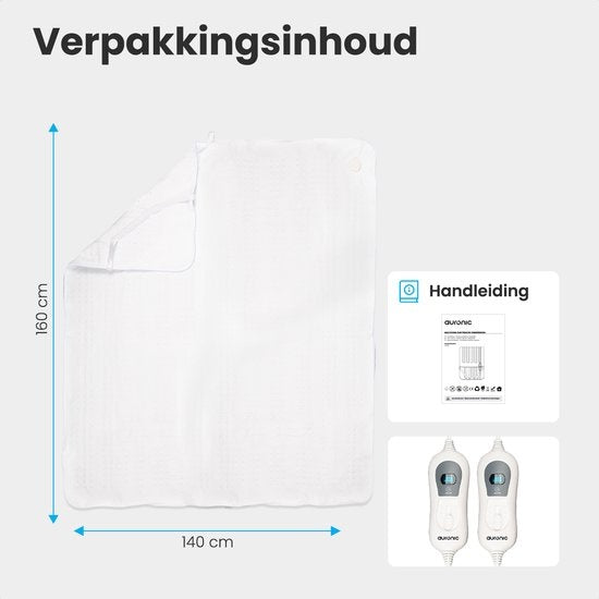 Auronic Electric Blanket - 2 Personen - 160x140cm - mit Eckgummis und 2 Reglern - Weiß