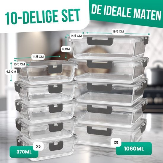 Avalo Food Storage Trays Glas - Meal Prep Trays - Freezer Trays - Mit Deckel - 10 Stück 1060ml / 370ml