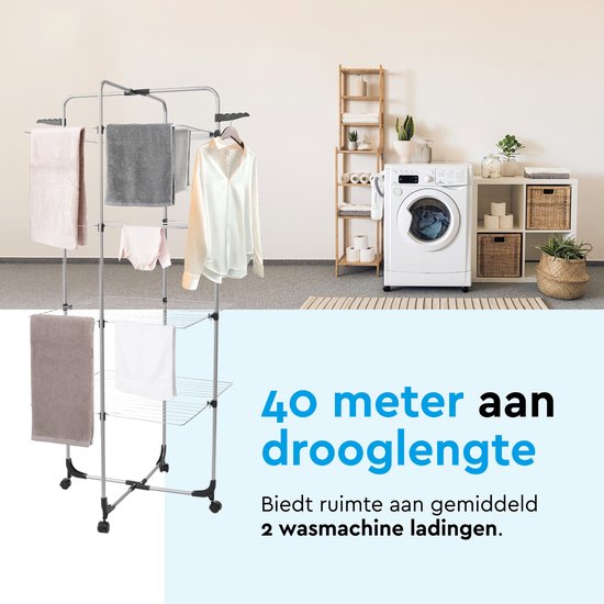 BRASQ Wäscheturm 4 Lagen - Trocknungslänge 40 Meter - Wäscheständer mit Rädern und Halterungen - Wäscheständer - Wäscheturm 68x68x169 cm - Weiß