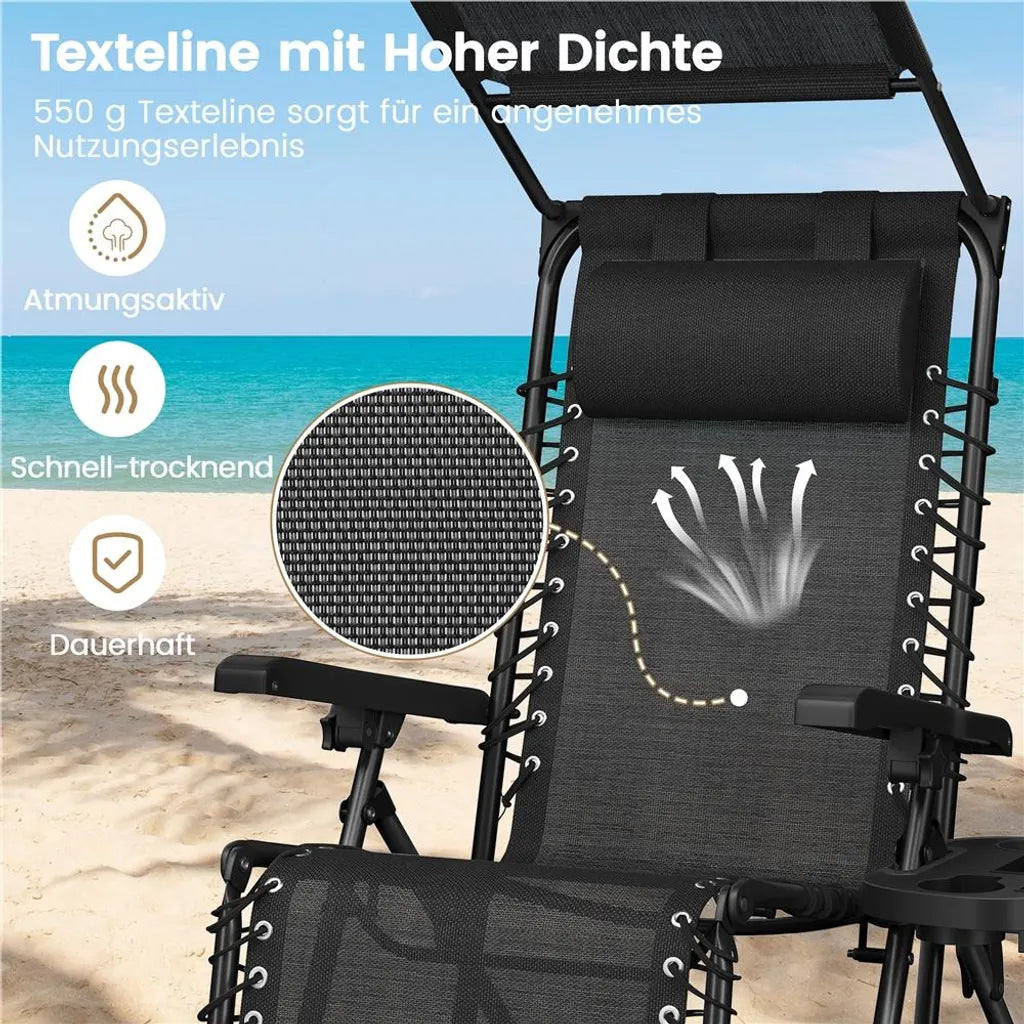 Yaheetech Zero Gravity Liegestuhl 166 x 64 x 70 cm – Sonnendach – Nackenkissen/Getränkehalter – Schwarz