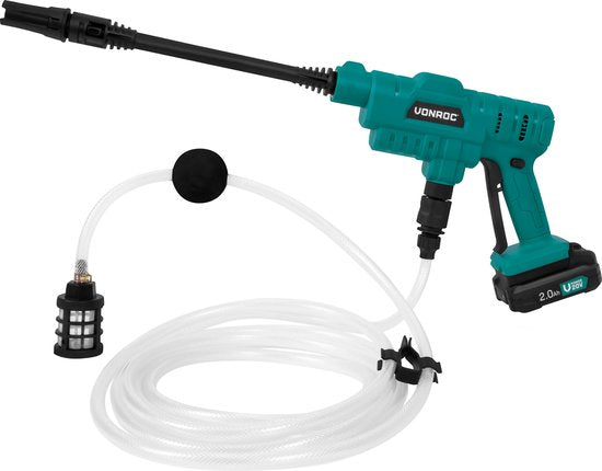 VONROC Accu Druckreiniger 20V - 24bar - 198 l/h - Inkl. 5m Saugschlauch, Reinigungsmittelflasche und verstellbare Düse - Inkl. 2.0Ah Akku und Schnellladegerät