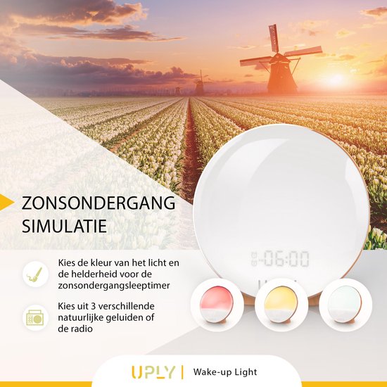 UPLY Wake Up Light - Mit USB-Ladestation - Lichtwecker - Radiowecker - 2 Weckzeiten - 7 Farben