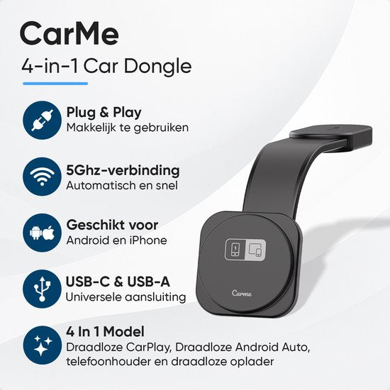 CarMe 4-in-1 CarPlay Dongle Pro - Mit drahtlosem Ladegerät - Wireless CarPlay & Android Auto - Android Auto Dongle - MagSafe Autohalterung - Schwarz