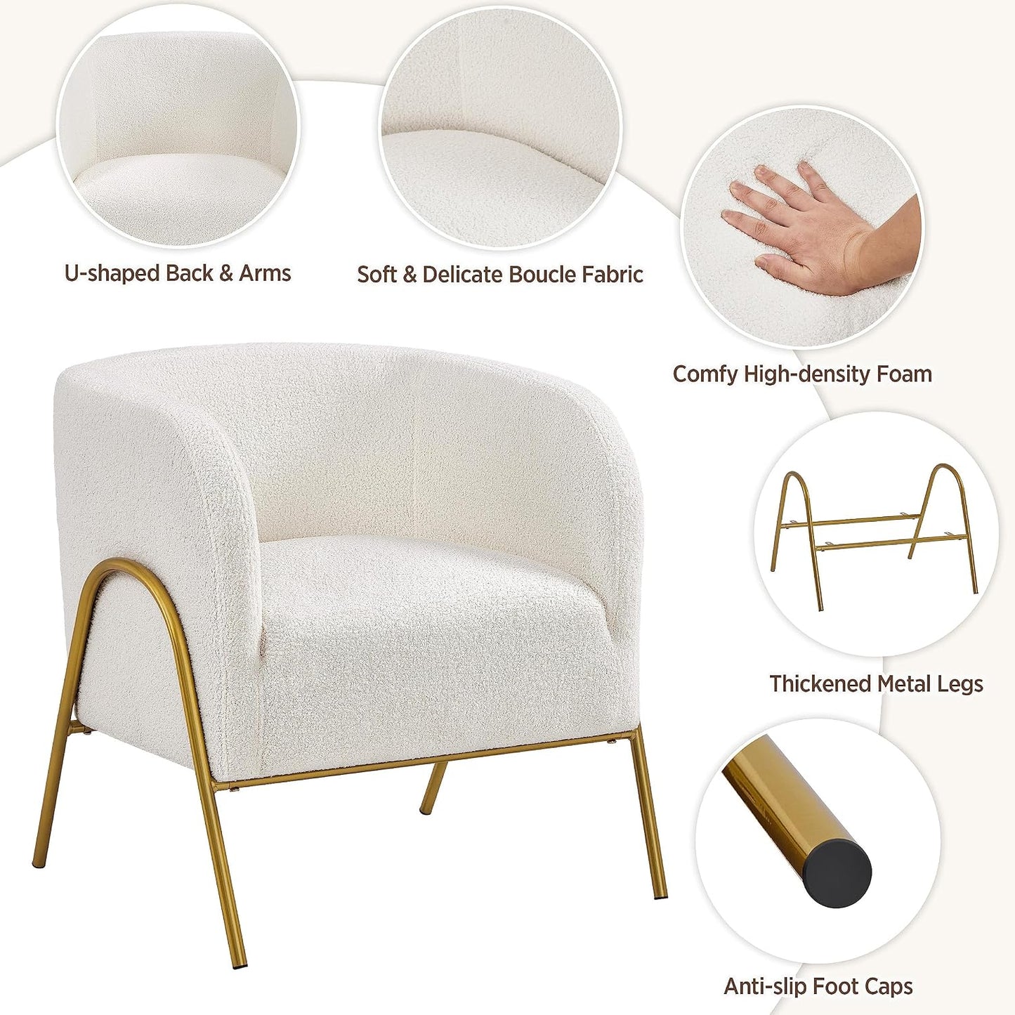 Yaheetech Akzentstuhl Luxuriöser Fassstuhl Bouclé – Goldene V-Beine – Elfenbein – 69 x 69 x 72 cm