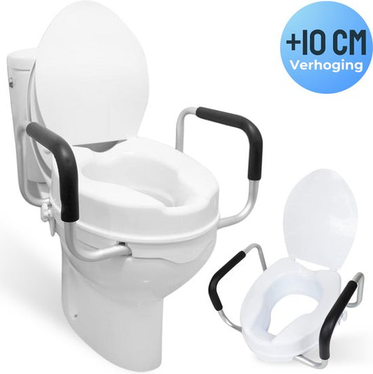 Hendriqs® WC-Sitzerhöhung 10 cm mit Armlehnen & Deckel – Toilettensitzerhöhung mit Armlehnen – Erhöhter Toilettensitz – Sitzverhöher für Erwachsene und Senioren – Höhenverstellbarer Toilettenstuhl – WC-Sitzverhöher – Toilettensitzverhöher