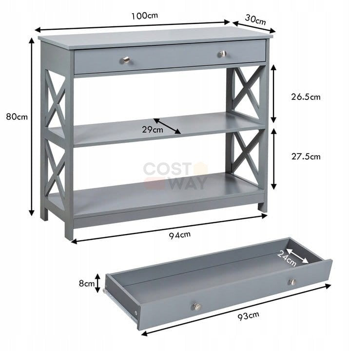 Coast Konsolentisch 3 Ebenen mit Schublade Holztisch 100 x 30 x 80 cm Grau