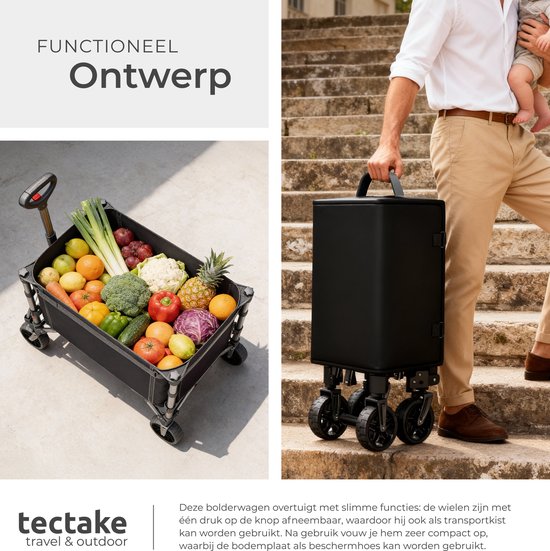 tectake® Handwagen – Zusammenklappbar – 60 kg Tragkraft – Schwenkbare Massivräder – 47 x 83 x 90 cm - Handkarren – Transportwagen – Mit verstellbarer Schiebestange – Handkarren – Wasserabweisender Transportwagen – Mit Ablagebrett und Innenfach