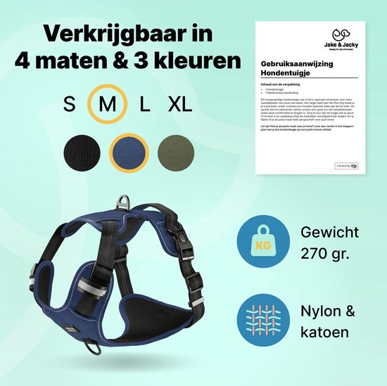 Jake und Jacky Hundegeschirr - Anti-Zieh-Geschirr - Hundegeschirr - Y-Geschirr Hund - Reflektierend - Blau - Größe M