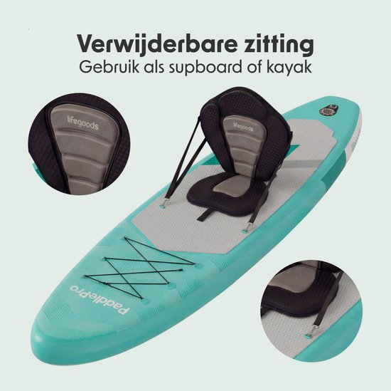 LifeGoods SUP Board All-round Compact - mit Sitz - 100 KG Tragfähigkeit - 300 x 76 cm - Aufblasbar - Komplettes SUP Paket - Mintgrün