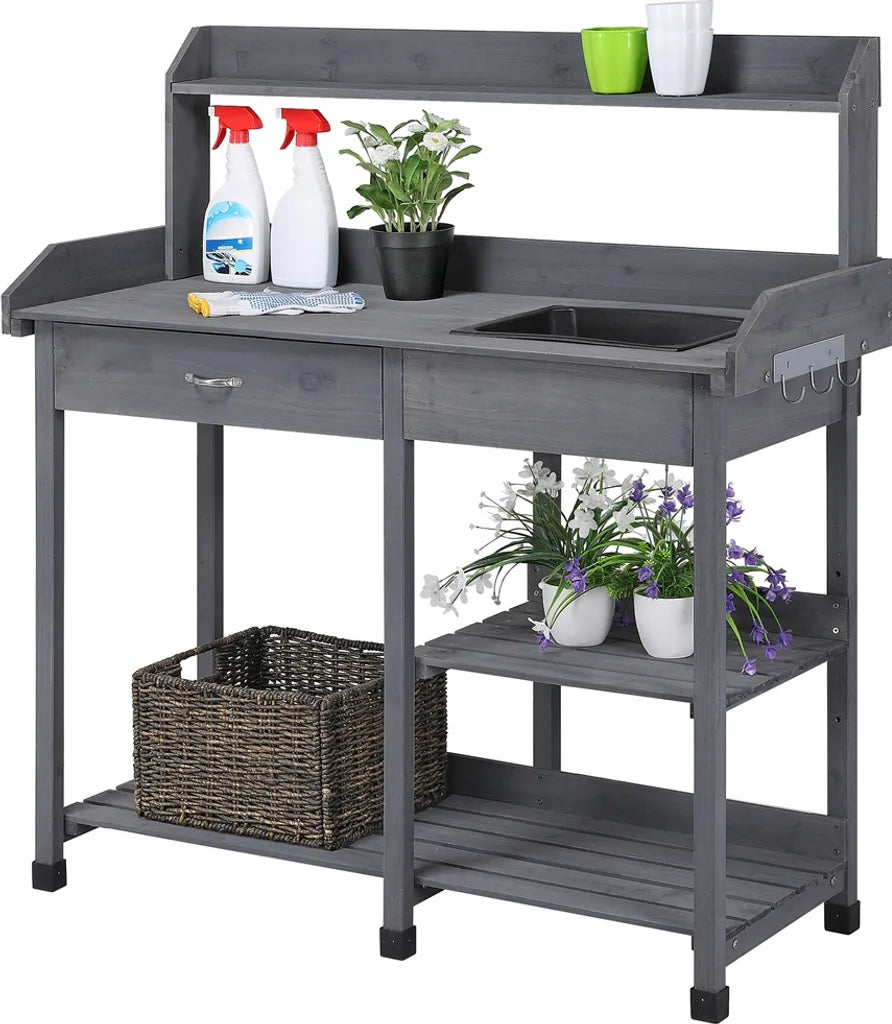 Yaheetech Beistelltisch mit Spülbecken 114,8 x 45 x 121 cm – Grau – Pflanzen-Tisch aus Holz mit Schublade und verstellbarem Regalboden
