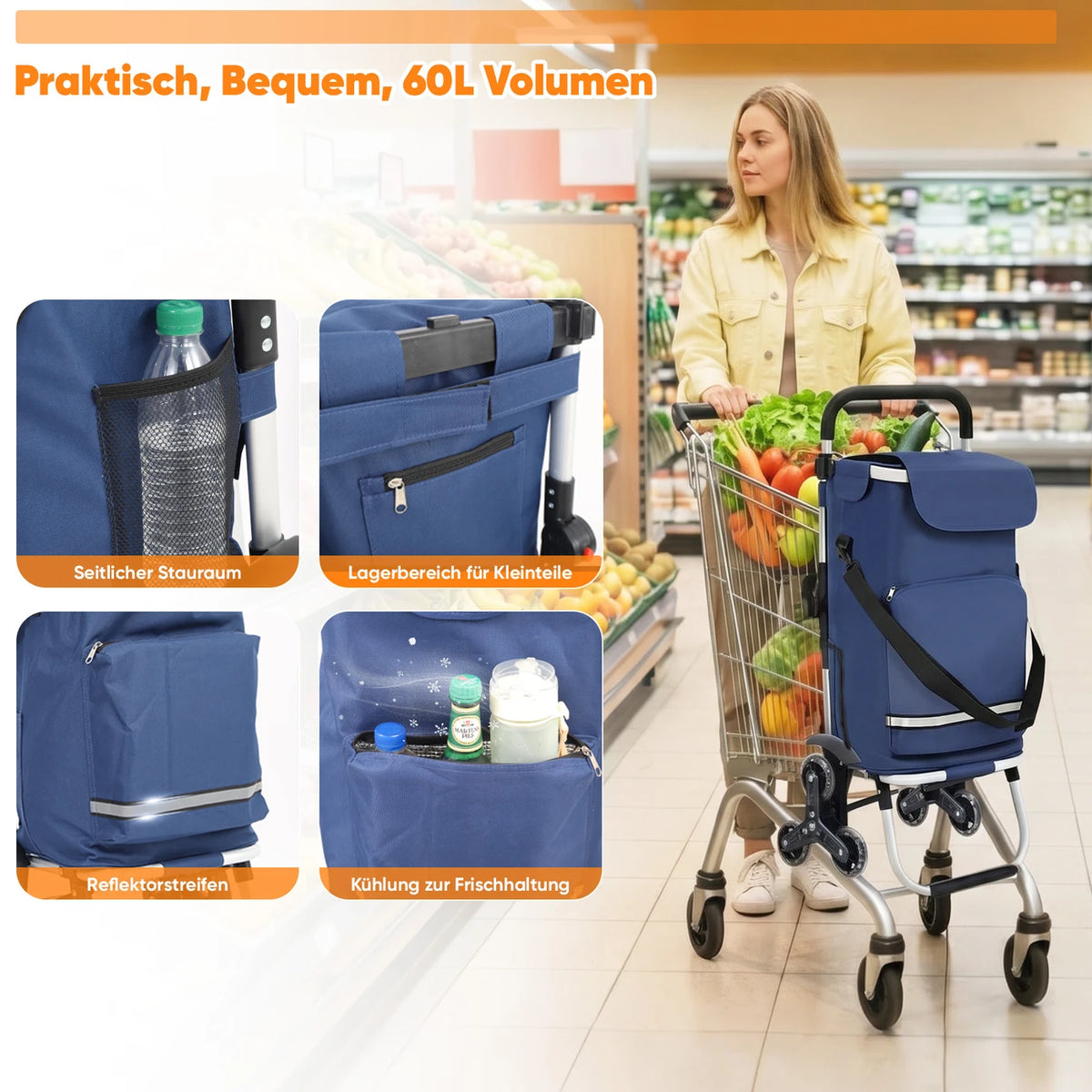 Zusammenklappbarer Einkaufswagen „Traploper“ 60 l – 3-in-1 mit Kühlfach und 6 Rädern – Aluminiumrahmen – Blau – 36 x 42 x 98 cm