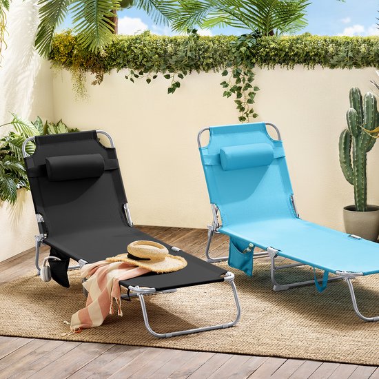 SoBuy Klappliegestuhl, verstellbarer Gartenliegestuhl mit Kopfstütze und Aufbewahrungstasche, ergonomischer Relaxstuhl für den Außenbereich, Garten, Balkon und Terrasse, schwarz, OGS35-SCH