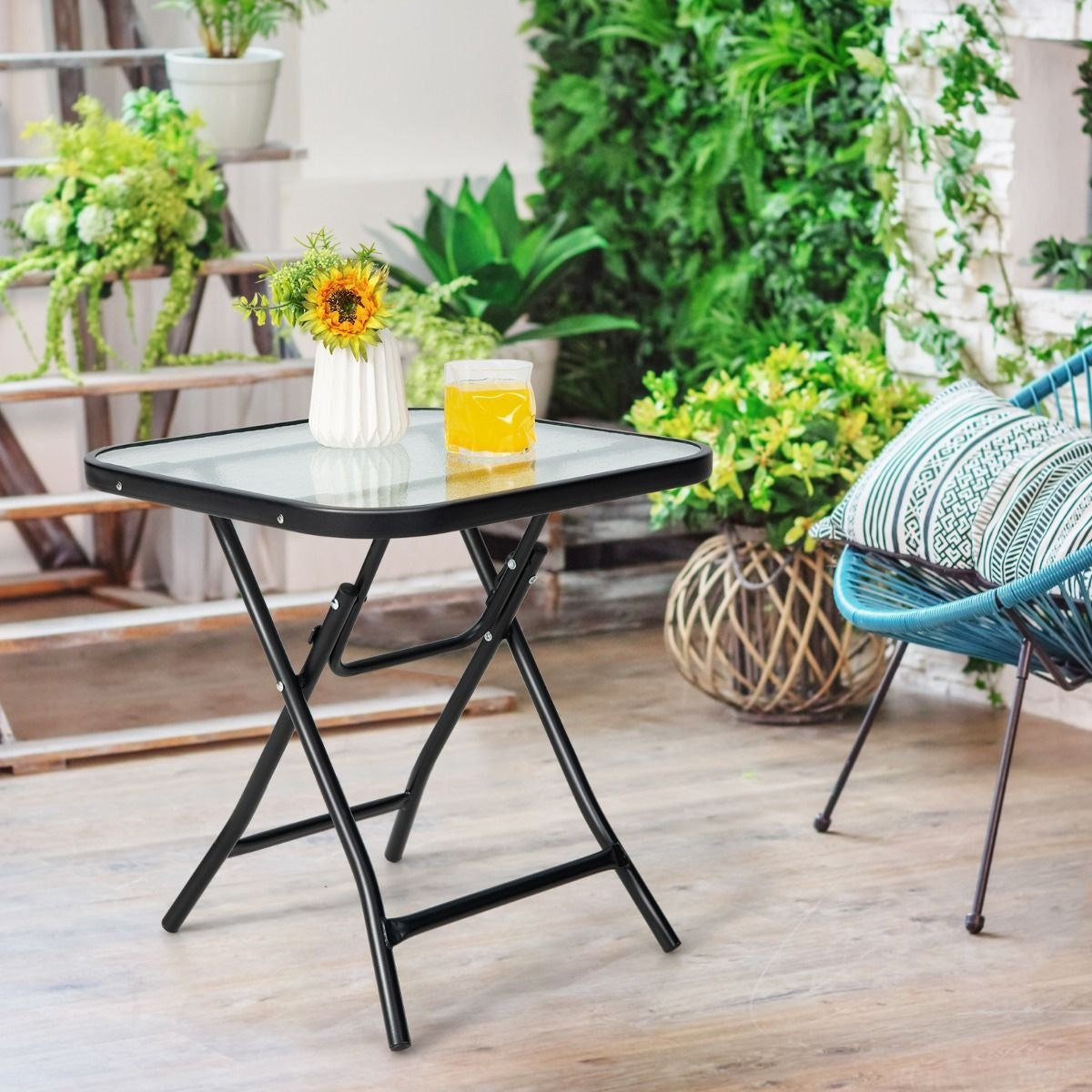 Coast Terrace Beistelltisch quadratischer Glastisch mit Edelstahlgestell klappbarer Couchtisch schwarz