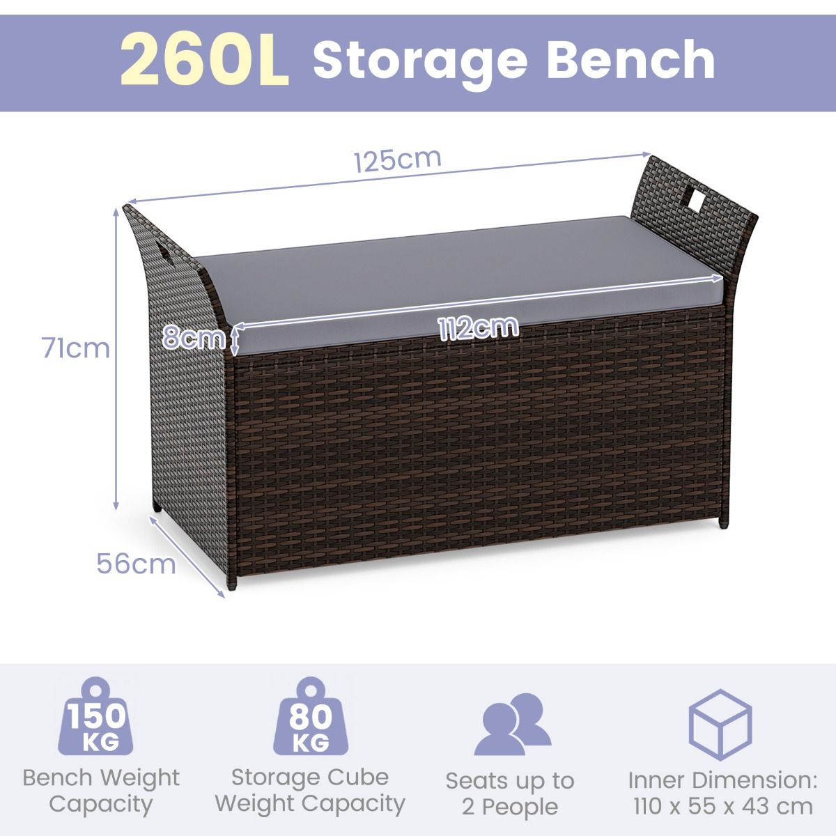 Coast PE Rattan Aufbewahrungsbox 125x56x71 cm - Rustikales Braun/Grau - 260L Aufbewahrungsbank für Innen & Außen mit Kissen