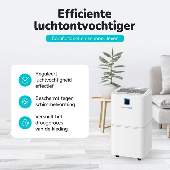 Bloomfold Luftentfeuchter - 12L pro Tag - inkl. Wasch-Trocken-Funktion - geeignet für Wohnzimmer, Schlafzimmer & Badezimmer - Luftentfeuchter - Weiß