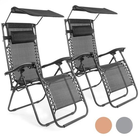 LifeGoods Faltbare Gartenstühle - mit Sonnendach - Verstellbarer Sonnenschirm - 2 Stück - 30Â°-90Â° verstellbar - Metall - Schwarz