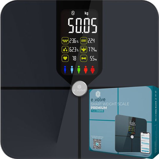 e.volve Personenwaage Digital - 16x - Intelligente Waage - mit Körperanalyse - inkl. App - Schwarz