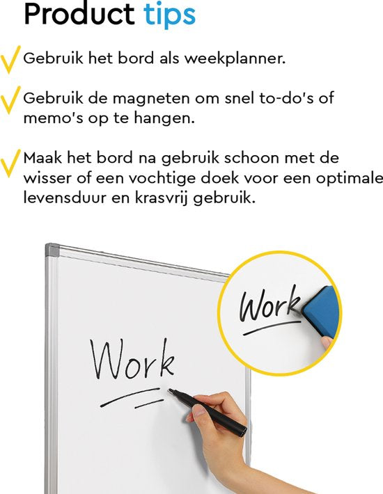 BRASQ Whiteboard 60×45 cm magnetisch - mit Zubehörset (Marker, Radiergummi, Magnete) - Tafel - Magnetische Tafel - Weiß