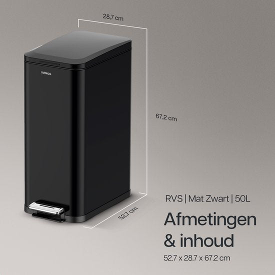 Deleca Mülleimer Prestige - 50 Liter - Schmal - Edelstahl Abfalleimer / Abfallbehälter / Tret-Abfalleimer - Mit Fußpedal und Slow Close - Mattschwarz