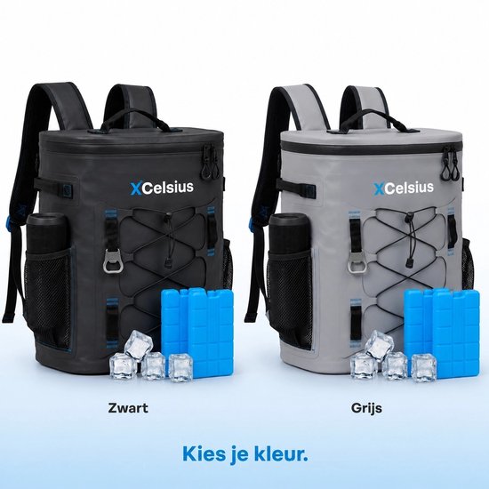 XCelsius® Kühltaschen-Rucksack 20 Liter – Kühltaschen-Rucksack mit 2 Kühlelementen und Flaschenöffner – Mindestens 24 Stunden Kühlleistung – 100 % wasserdicht – Kühltaschen-Rucksack für Strand, Festival, Boot und Camping – Grau