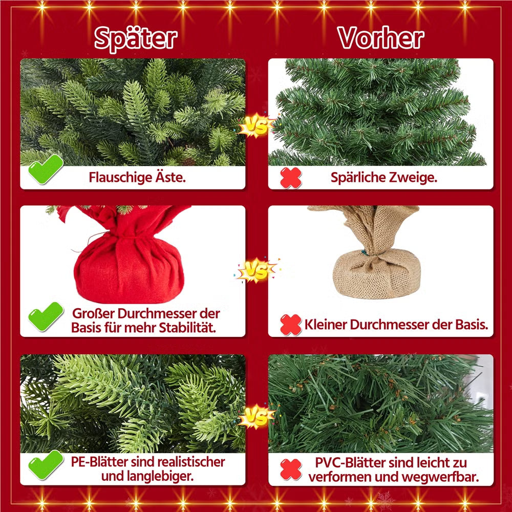 Yaheetech Künstlicher Weihnachtsbaum Mini - 61 cm - Mit 62 Zweigen und schwerem Betonsockel und dekorativer roter Stoffhülle - Für Tisch und Fensterbank - Grünes Polyethylen und Metall - 58 x 58 x 61 cm