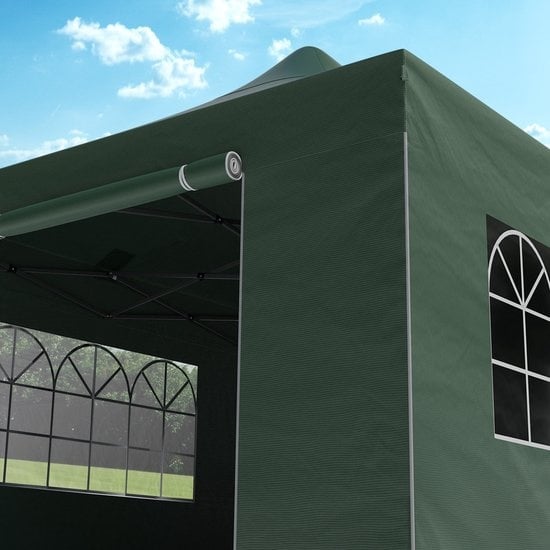 LifeGoods Partytent - Paviljoen - 3x6 m - Zijwanden - Easy Up - Opvouwbaar - Waterdicht - Draagtas met Wieltjes - Donkergroen