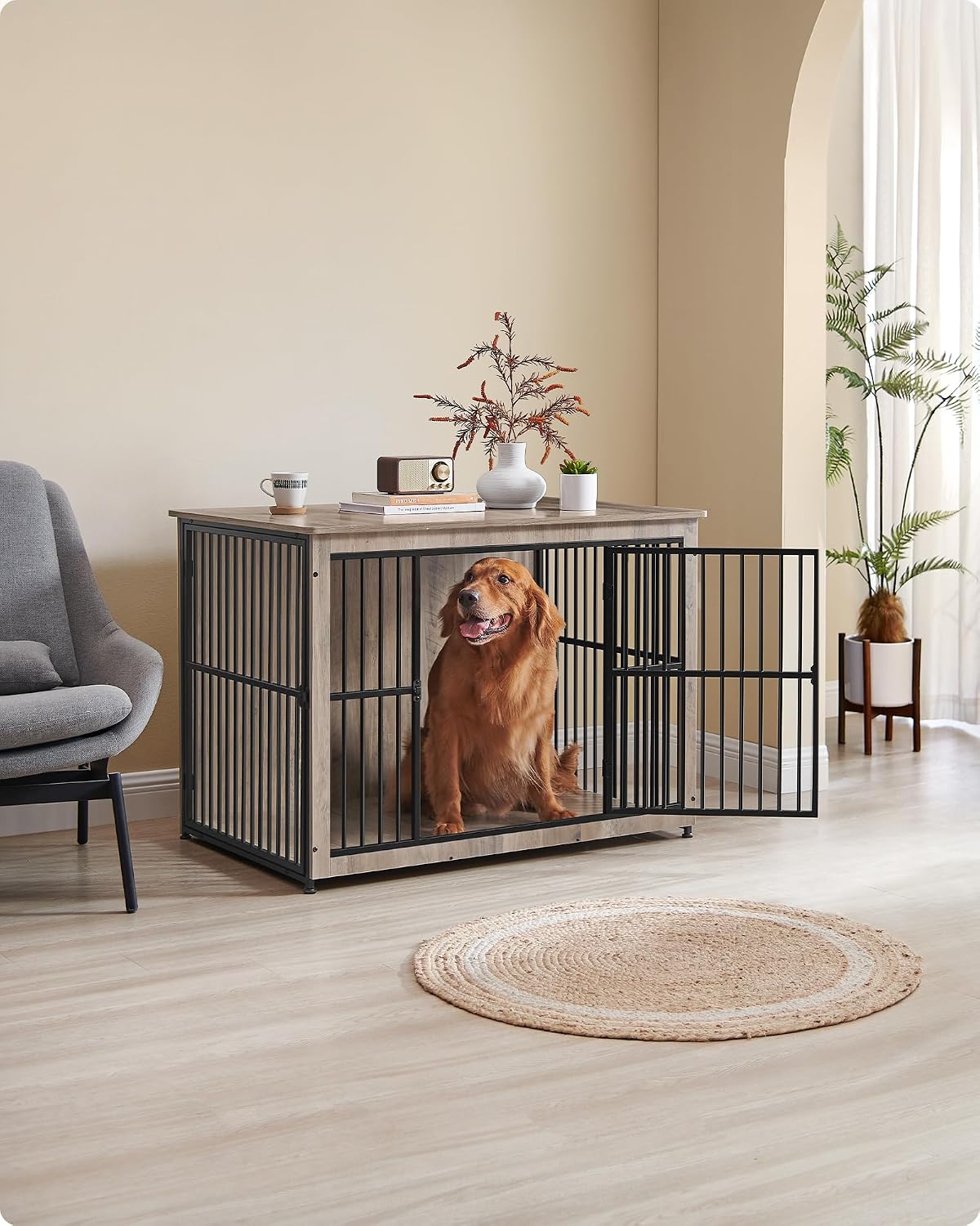 Feandrea DEGWOOD Hundebox als Möbelstück – 110 × 76 × 82 cm – Greige/Schwarz