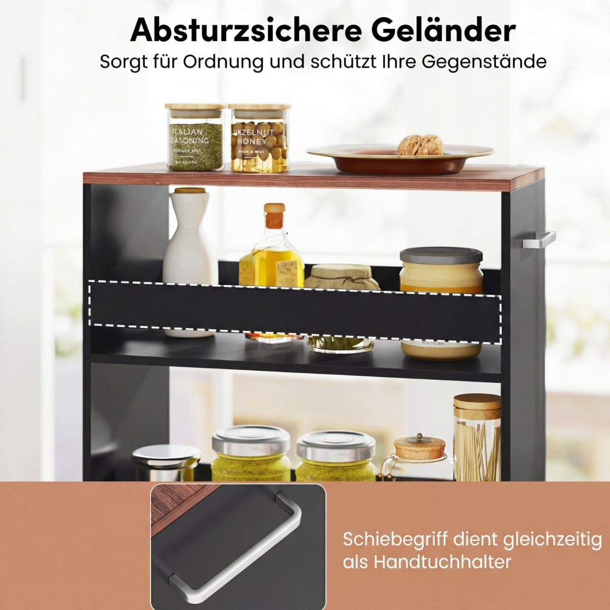 Coast schmaler Küchenwagen – 4-stöckiger Aufbewahrungswagen auf Rädern, 47,5 x 25 x 80,5 cm – Schwarz/Braun