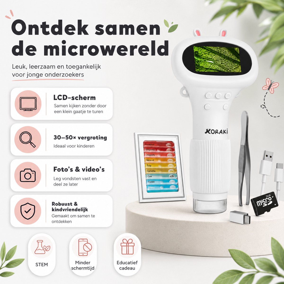 Koraki® Digitalmikroskop für Kinder – LCD-Bildschirm – 30- bis 50-fache Vergrößerung – Kamera – Micro-SD