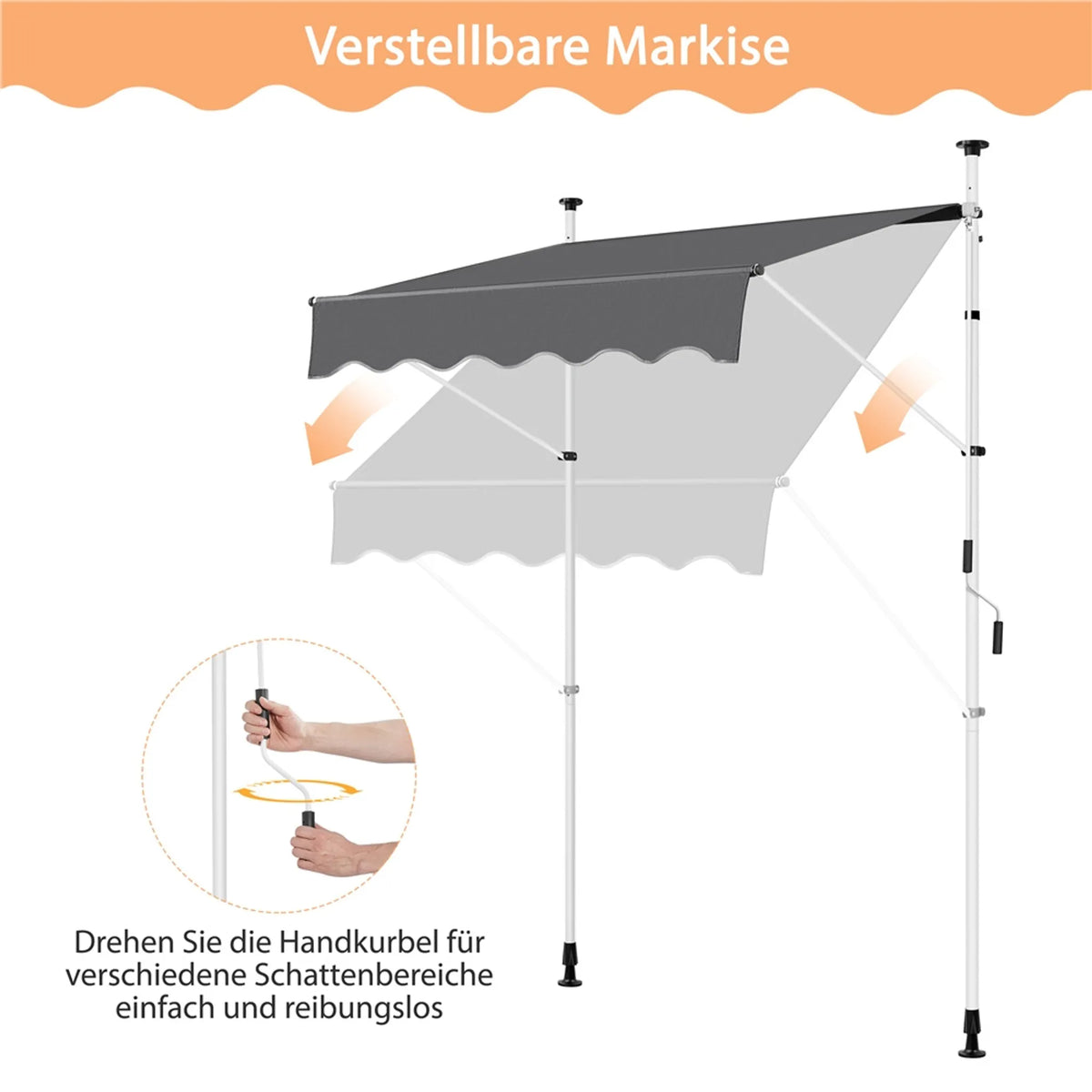 Yaheetech Klemmsonnenschirm mit Handkurbel - mit höhenverstellbaren Teleskopstangen und wasserabweisendem Tuch und Schutzfüßen - für Balkon und Terrasse - dunkelgraues Polyester und Metall - 150 x 180 x 210-300 cm