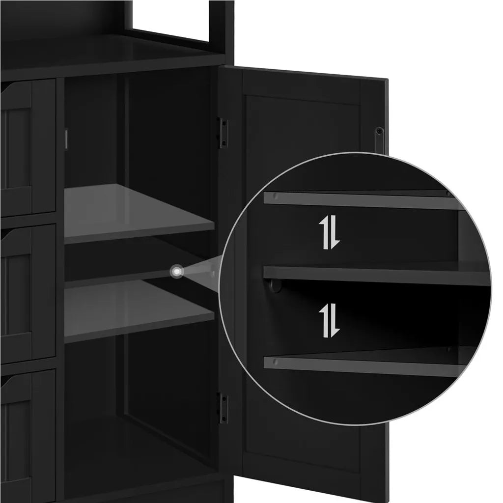 Yaheetech Badezimmerschrank 55,5 x 29,5 x 86,5 cm – Schwarz – Badezimmermöbel mit 3 Schubladen und verstellbarem Einlegeboden