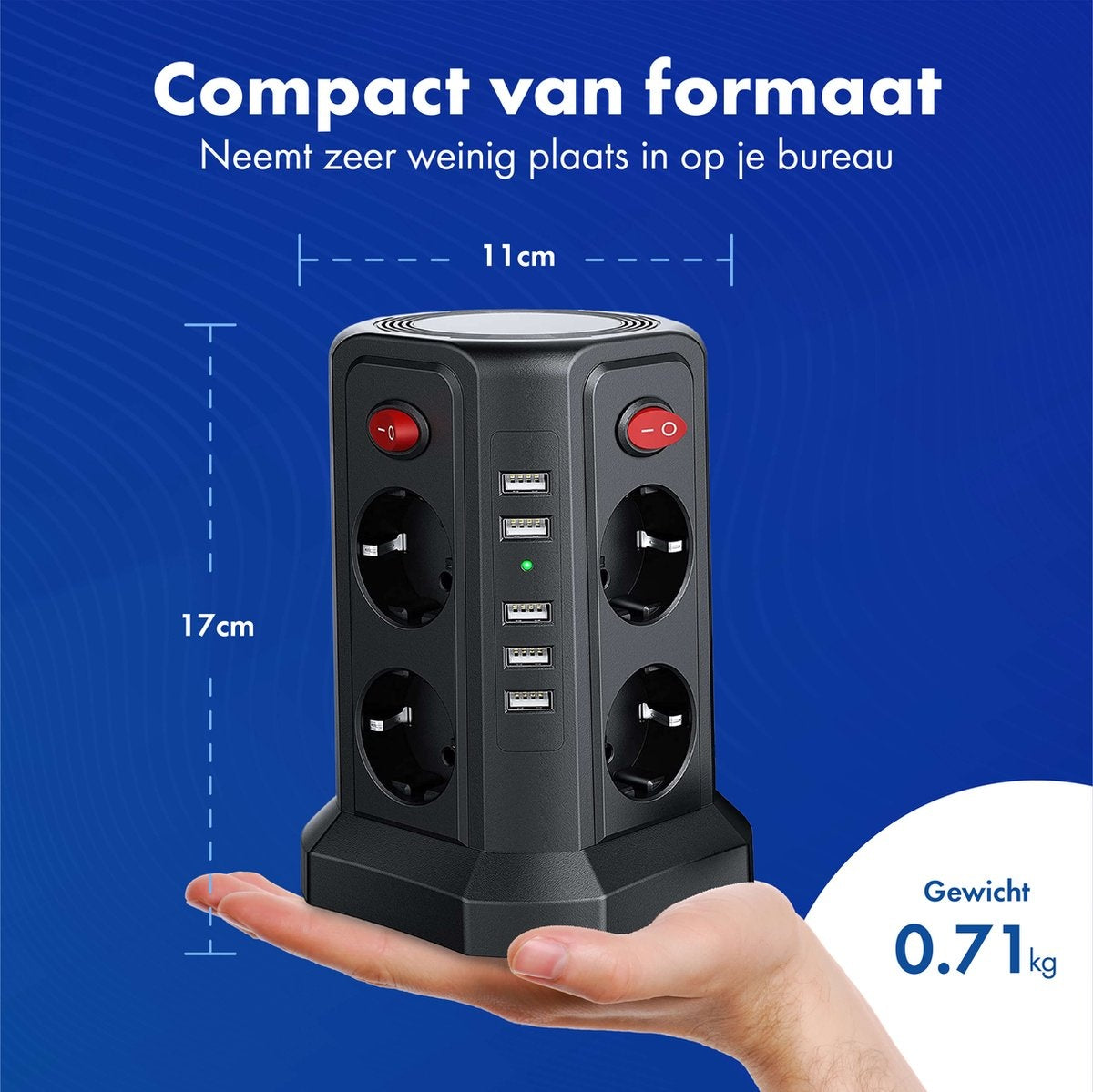 Steckdose mit Schalter und USB - Energiesparende Ein/Aus-Tasten - Power Block - Powercube - Schwarz - 3 Meter Kabel