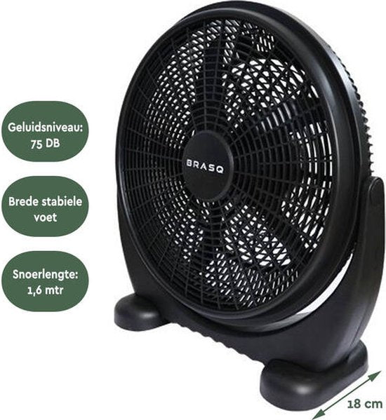 BRASQ Bodenventilator - 50 cm - Schwarz - 3 Geschwindigkeiten - Standventilator - Einstellbar - 90 Watt