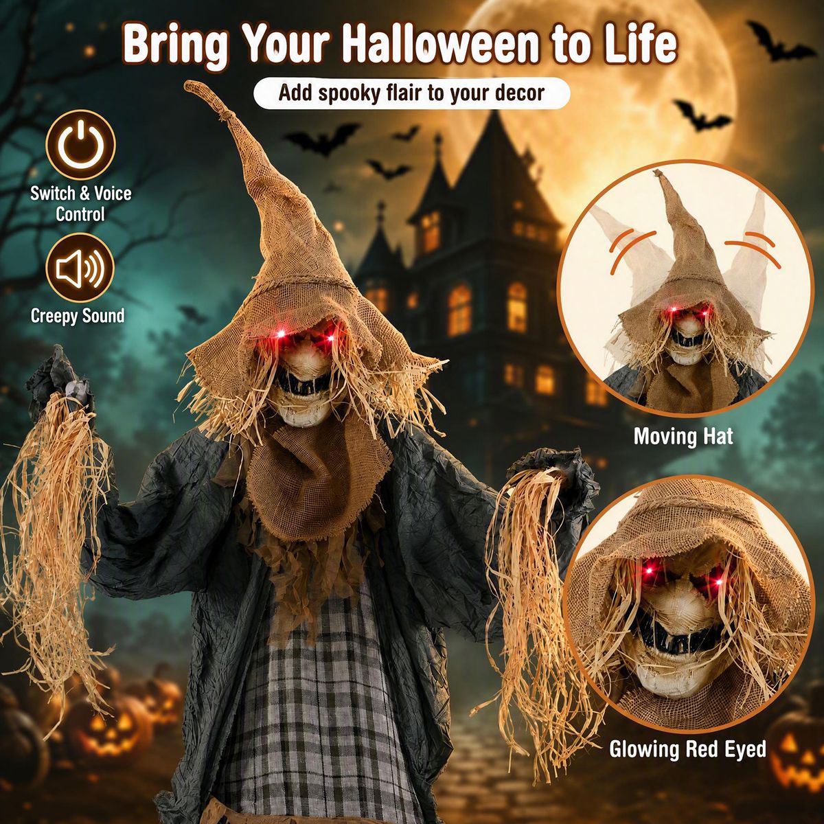 Coast Halloween-Vogelscheuche – animiert – geräuschgesteuert – leuchtende Augen – 213 cm