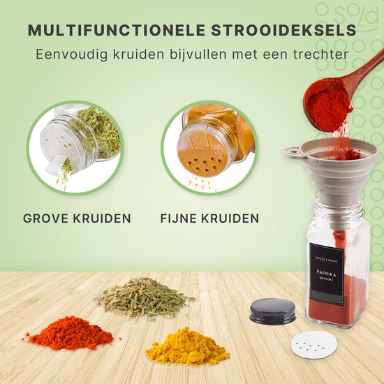 S.old - 36 Glasgewürzdosen quadratisch mit Deckel schwarz - Gewürzstreuer - Komplettset mit Streudeckeln, vorgedruckten Aufklebern und Trichter - Fassungsvermögen 120 ml - 10,5 x 4,3 cm
