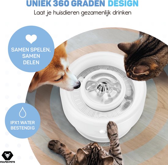 Vulpes Goods Pets - Trinkbrunnen für Katze & Hund PRO - Kabellos - Wiederaufladbar - Tragbar - Anti-Spill - weiß