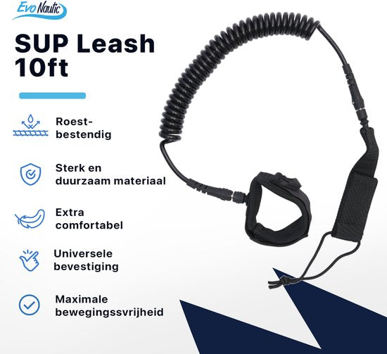 EvoNautic SUP Leash 10ft – Fußschlaufe für SUP – Länge: 3 Meter – Verstellbare Fußschlaufe – Für alle Boards geeignet – Aus robustem und strapazierfähigem Material