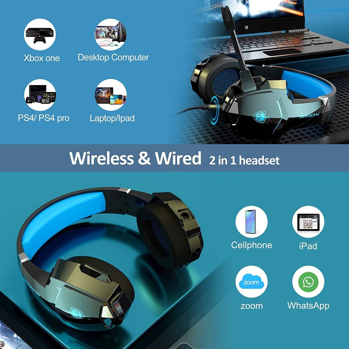 PHOINIKAS G9000 BT Bluetooth Laptop Gaming Headset mit Mikrofon Over-Ear Kopfhörer -Schwarz blau