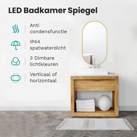 Mirlux Badezimmerspiegel mit LED-Beleuchtung & Heizung - Wandspiegel Oval - Goldrahmen - 90x50CM