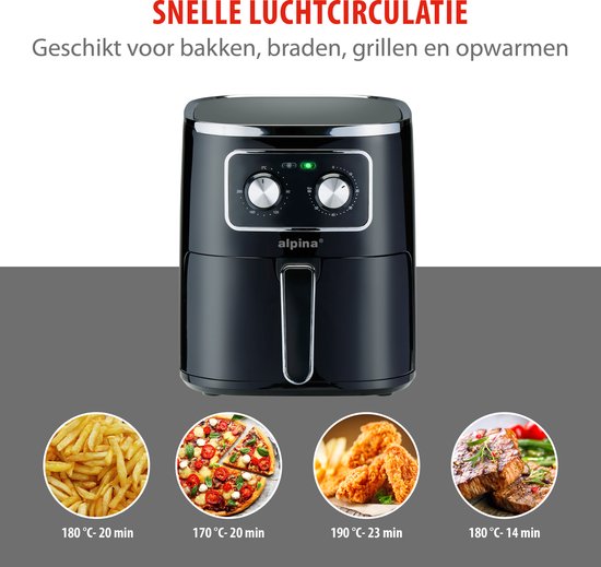 alpina Airfryer 4.5L- Heißluftfritteuse für 3 bis 4 Personen - Luftfritteuse mit einstellbarer Temperatur von 80°C bis 200°C - Timer bis zu 60 Minuten - Heißluftfritteuse 1450W - Schwarz