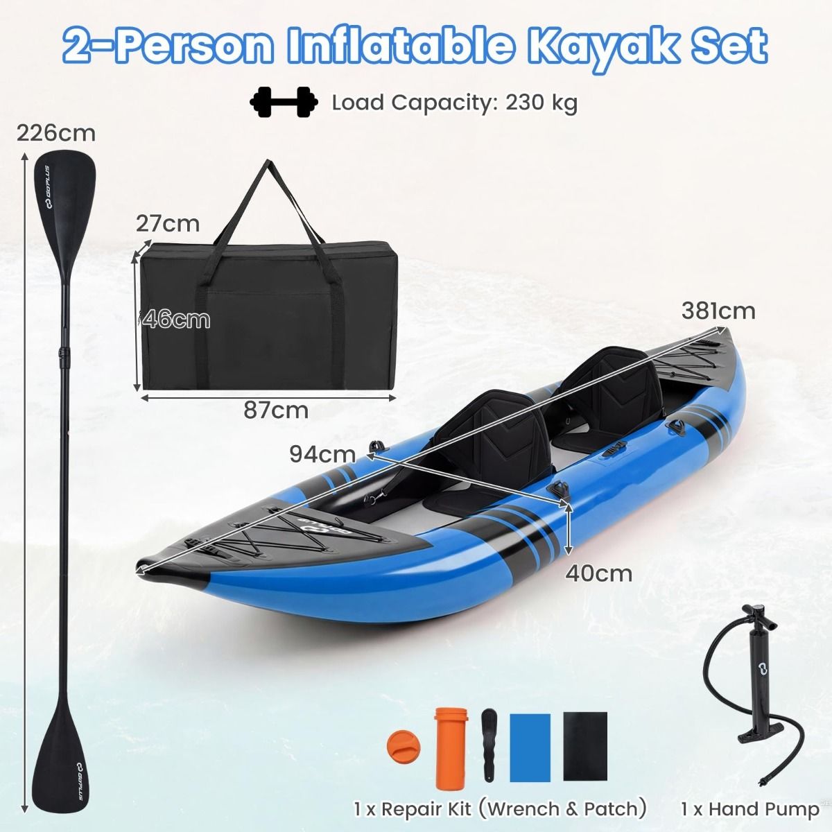 Coast Aufblasbares Kajak für 2 Personen – Verstellbare Sitze – Inklusive Paddel und Handpumpe – blau