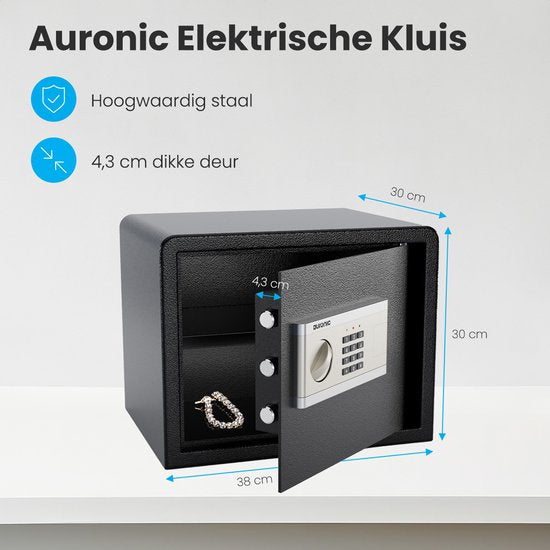 Auronic Elektronischer Safe - Zahlenkombinationsschloss - Schlüssel - Wandmontage - 4,3cm Tür - 130dB Alarm - 28L - 30x38x30cm - 10KG - Stahl - Schwarz