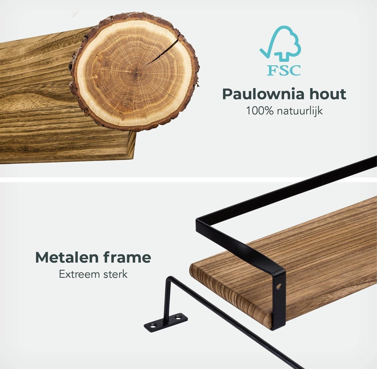 LifeGoods Schwebendes Wandregal - 2 Stück - 41cm - Handtuchhalter und 8 Haken - Industriell - Holz - Braun/Schwarz