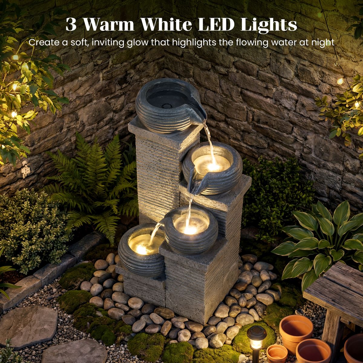 Coast Gartenbrunnen mit LED-Beleuchtung – Vierstufiger Wasserfall – Kunstharz und Glasfaser – Grau 28 x 22 x 58 cm