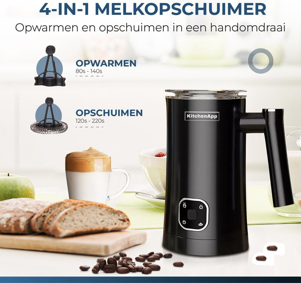 KitchenApp Milchaufschäumer elektrisch - 350 ml - Schwarz