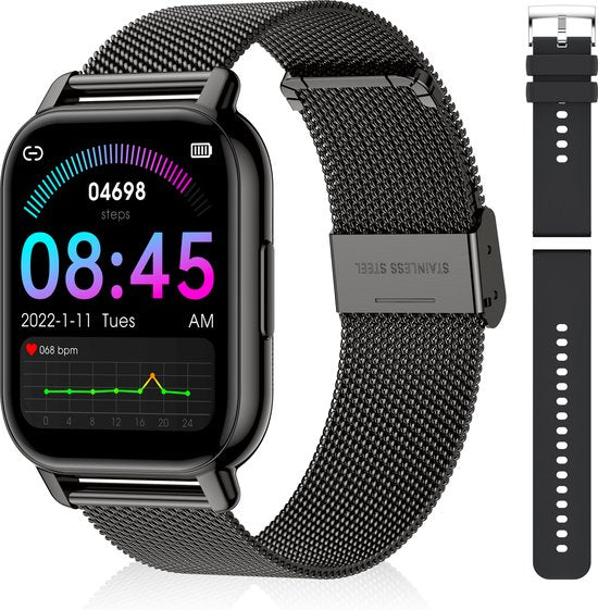 Maoo Amplify 2 Smartwatch Damen und Herren - Geeignet für Android und iOS - Silikon & Milanese Band - WhatsApp Kompatibel - Volle Belfunktion - Multisport - Herzfrequenzmesser und Blutdruckmesser - Schlafmonitor - Valentinstag Geschenk - Schwarz